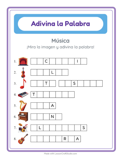 Vista previa de la hoja de Adivina La Palabra con Música para jardín infantil
