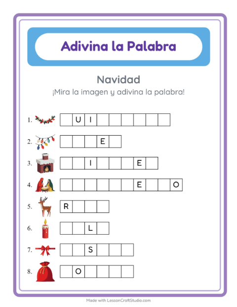 Vista previa de la hoja de Adivina La Palabra con Navidad para jardín infantil