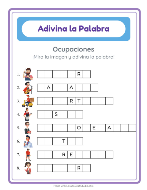 Vista previa de la hoja de Adivina La Palabra con Ocupaciones para jardín infantil