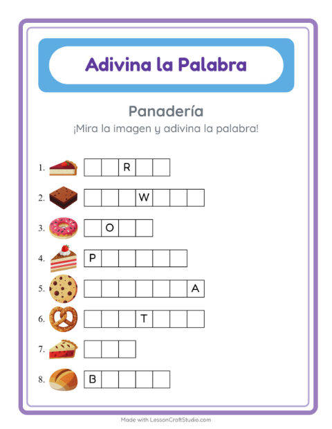 Vista previa de la hoja de Adivina La Palabra con Panadería para jardín infantil