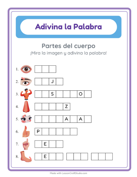 Vista previa de la hoja de Adivina La Palabra con Partes del cuerpo para jardín infantil