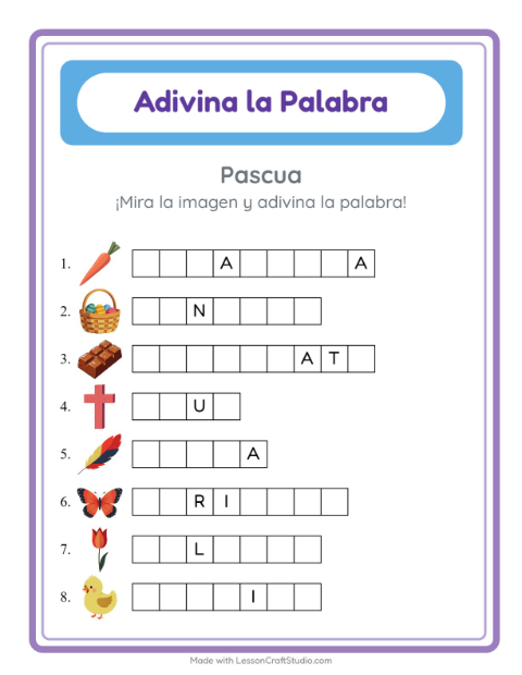 Vista previa de la hoja de Adivina La Palabra con Pascua para jardín infantil