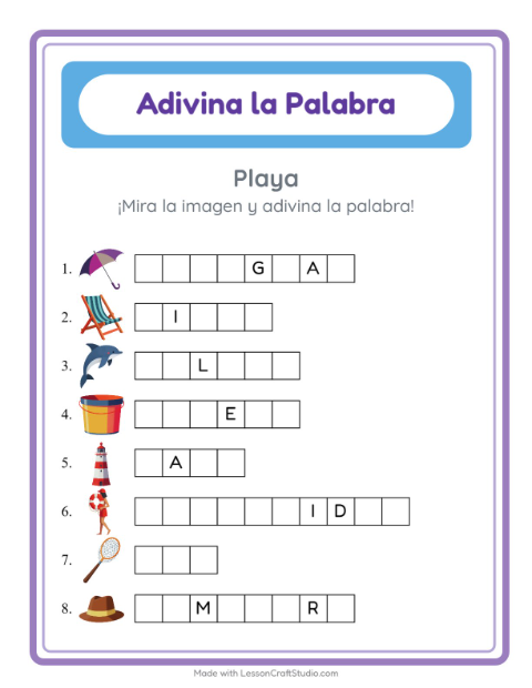 Vista previa de la hoja de Adivina La Palabra con Playa para jardín infantil