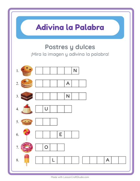 Vista previa de la hoja de Adivina La Palabra con Postres y dulces para jardín infantil