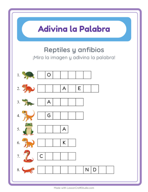 Vista previa de la hoja de Adivina La Palabra con Reptiles y anfibios para jardín infantil