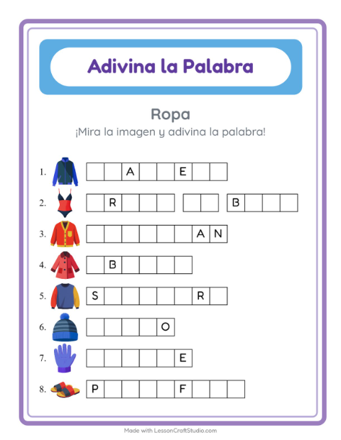 Vista previa de la hoja de Adivina La Palabra con Ropa para jardín infantil