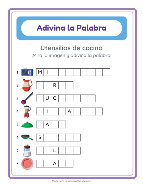Vista previa de la hoja de Adivina La Palabra con Utensilios de cocina para jardín infantil