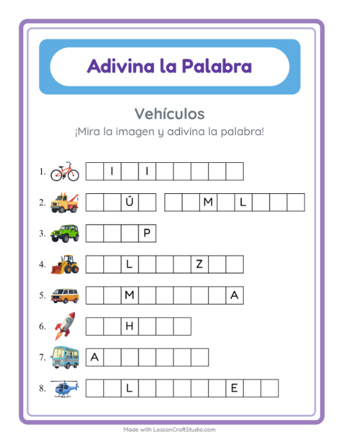 Vista previa de la hoja de Adivina La Palabra con Vehículos para jardín infantil