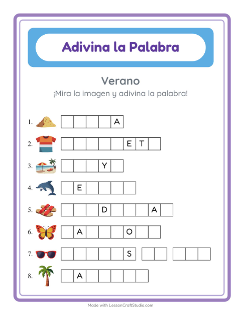 Vista previa de la hoja de Adivina La Palabra con Verano para jardín infantil