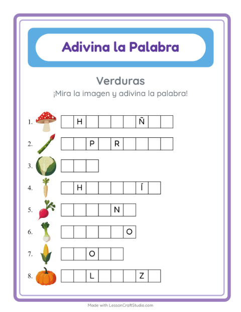Vista previa de la hoja de Adivina La Palabra con Verduras para jardín infantil
