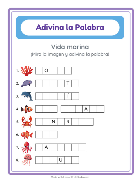 Vista previa de la hoja de Adivina La Palabra con Vida marina para jardín infantil