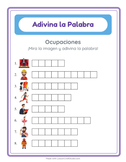 Vista previa de la hoja de Adivina La Palabra con Ocupaciones para jardín infantil