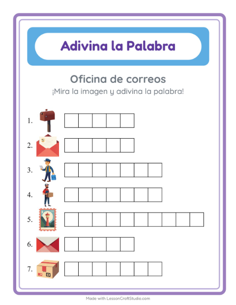 Vista previa de la hoja de Adivina La Palabra con Oficina de correos para jardín infantil