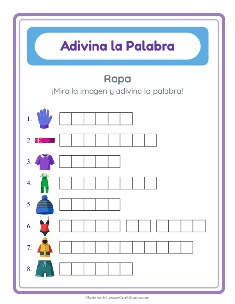 Vista previa de la hoja de Adivina La Palabra con Ropa para jardín infantil