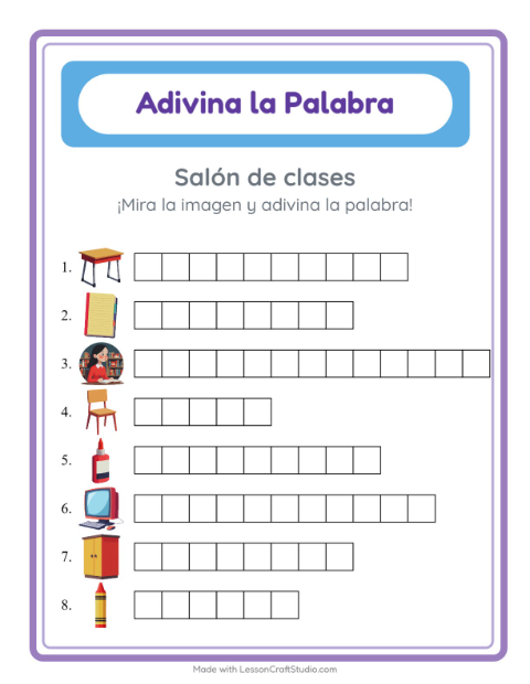 Vista previa de la hoja de Adivina La Palabra con Salón de clases para jardín infantil