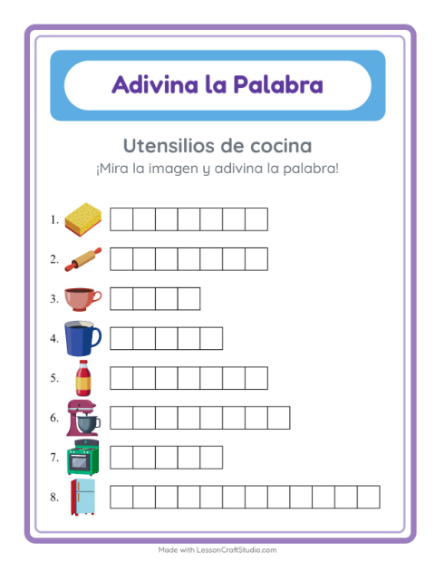 Vista previa de la hoja de Adivina La Palabra con Utensilios de cocina para jardín infantil