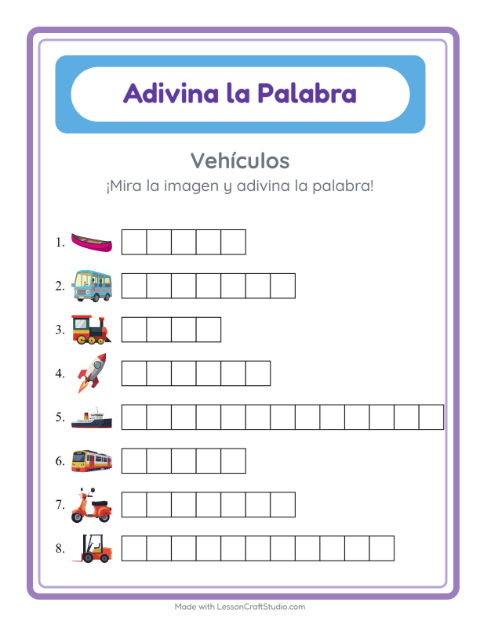 Vista previa de la hoja de Adivina La Palabra con Vehículos para jardín infantil