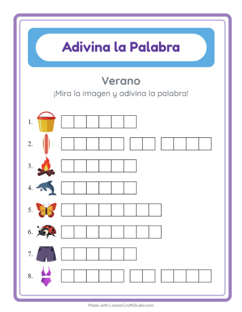 Vista previa de la hoja de Adivina La Palabra con Verano para jardín infantil