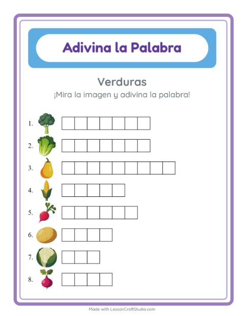 Vista previa de la hoja de Adivina La Palabra con Verduras para jardín infantil
