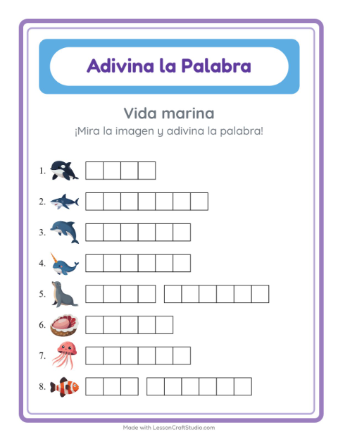 Vista previa de la hoja de Adivina La Palabra con Vida marina para jardín infantil