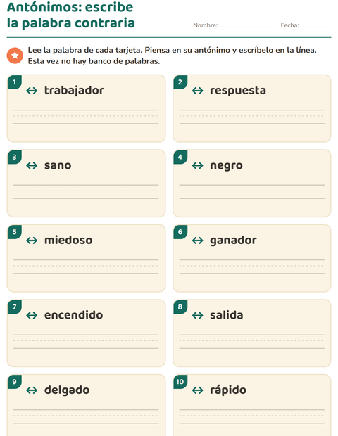 Vista previa de la hoja de Antónimos para grado 1