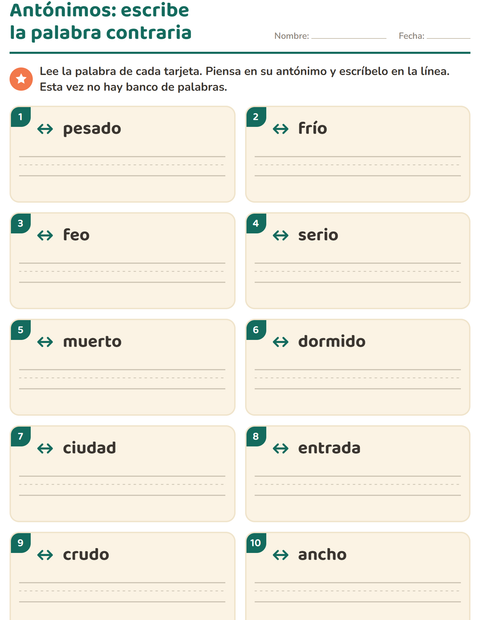 Vista previa de la hoja de Antónimos para grado 1