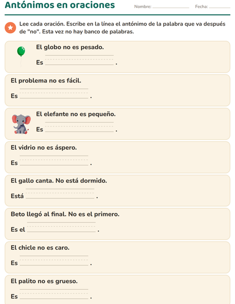 Vista previa de la hoja de Antónimos para grado 1