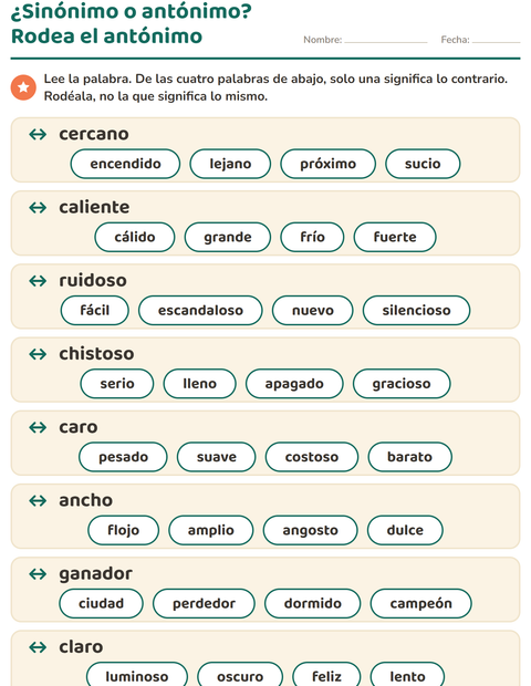 Vista previa de la hoja de Antónimos para grado 1