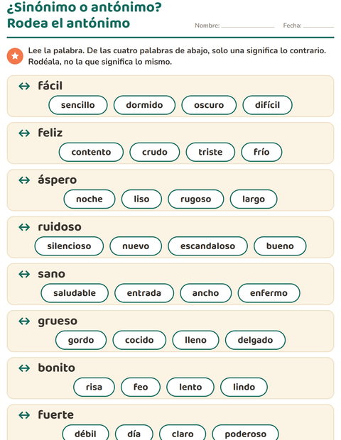 Vista previa de la hoja de Antónimos para grado 1