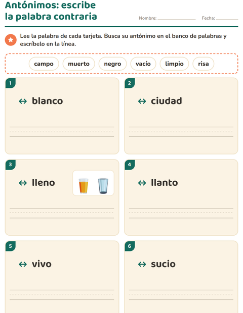 Vista previa de la hoja de Antónimos para grado 1