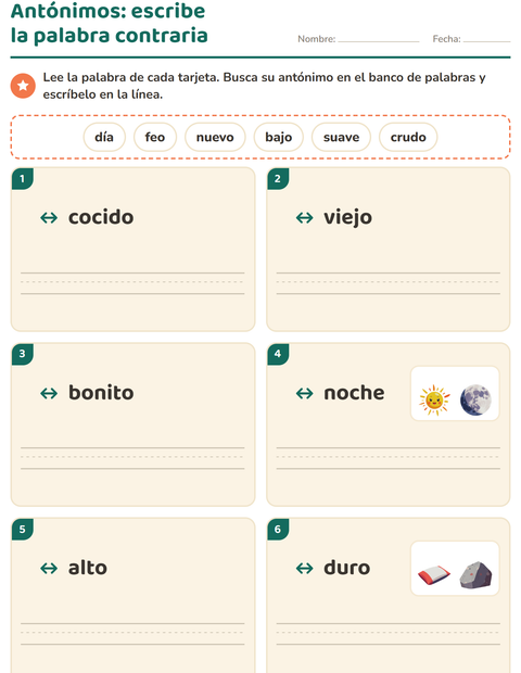 Vista previa de la hoja de Antónimos para grado 1