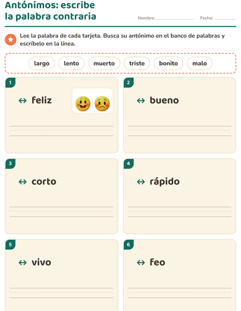 Vista previa de la hoja de Antónimos para grado 1