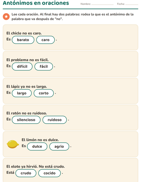 Vista previa de la hoja de Antónimos para grado 1