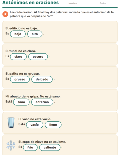Vista previa de la hoja de Antónimos para grado 1
