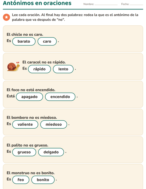 Vista previa de la hoja de Antónimos para grado 1