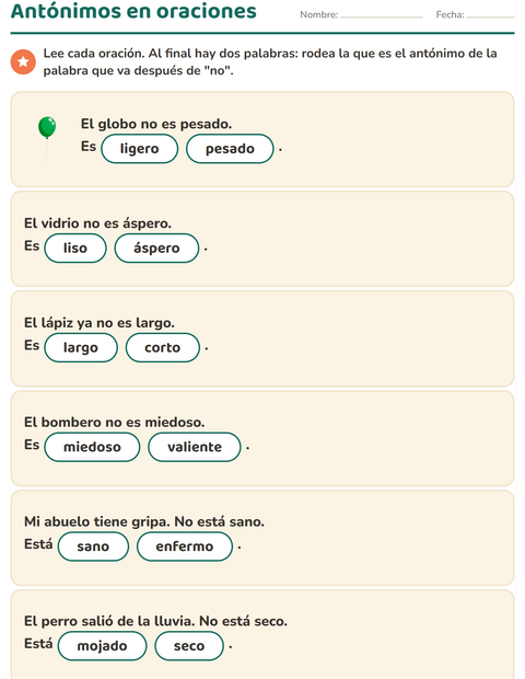 Vista previa de la hoja de Antónimos para grado 1
