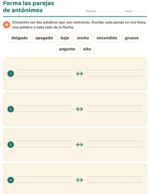 Vista previa de la hoja de Antónimos para grado 1
