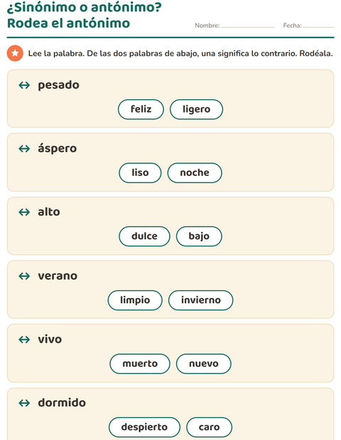 Vista previa de la hoja de Antónimos para grado 1
