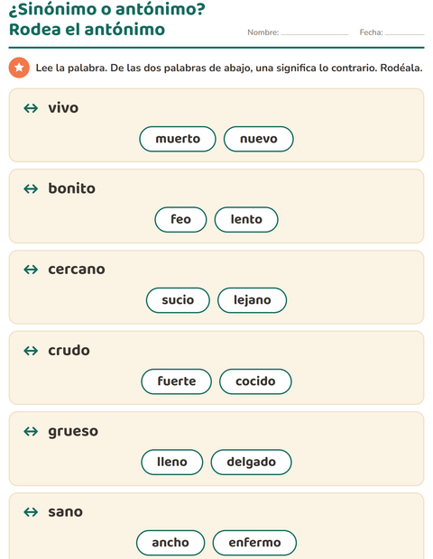Vista previa de la hoja de Antónimos para grado 1