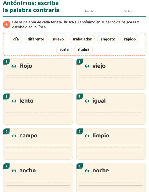 Vista previa de la hoja de Antónimos para grado 1