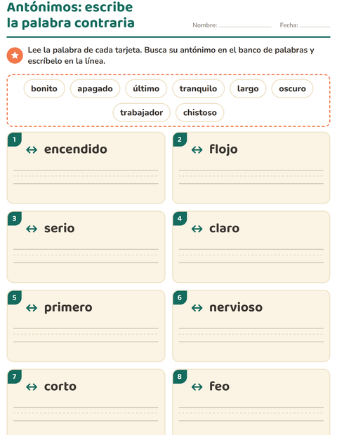 Vista previa de la hoja de Antónimos para grado 1