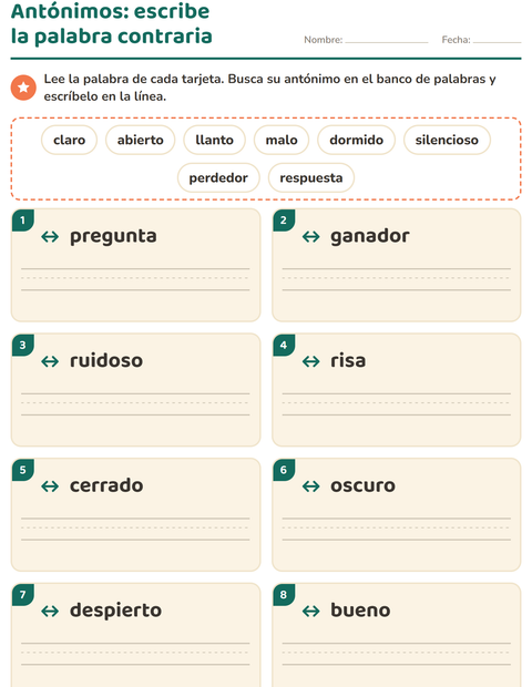 Vista previa de la hoja de Antónimos para grado 1