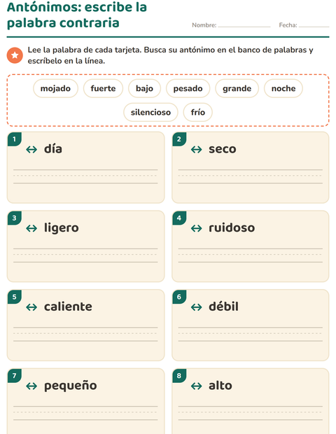 Antónimos: escribe la palabra contraria — primer grado