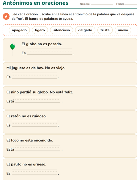 Vista previa de la hoja de Antónimos para grado 1