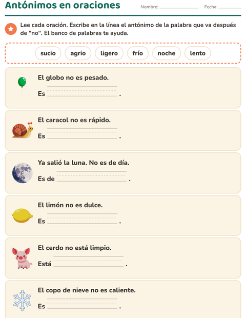 Antónimos en oraciones: completa con la palabra contraria — primer grado