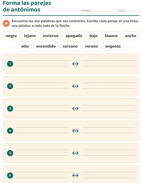 Vista previa de la hoja de Antónimos para grado 1
