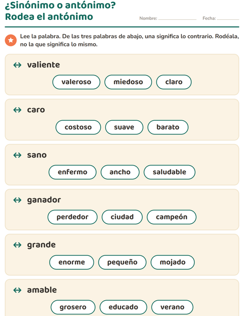 Vista previa de la hoja de Antónimos para grado 1