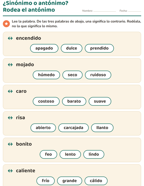 Vista previa de la hoja de Antónimos para grado 1