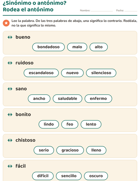 Vista previa de la hoja de Antónimos para grado 1