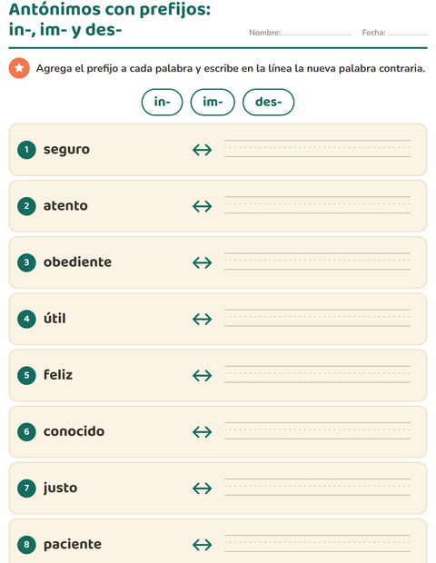 Vista previa de Antónimos con prefijos in-, im- y des-: forma la palabra contraria — segundo grado